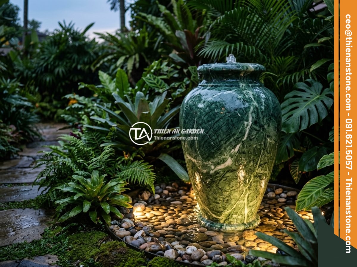 5 ý tưởng thiết kế sáng tạo với chum đá phong thủy cho không gian sống hiện đại - A beautifully crafted natural stone feng shui urn with water flowing over its su