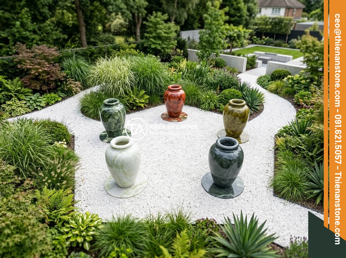 5 ý tưởng thiết kế sáng tạo với chum đá phong thủy cho không gian sống hiện đại - Five natural stone feng shui urns arranged in a pentagon pattern in a spacious m