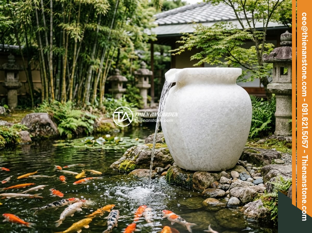 5 ý tưởng thiết kế sáng tạo với chum đá phong thủy cho không gian sống hiện đại - A large natural stone feng shui urn positioned at the edge of a beautiful Koi fi