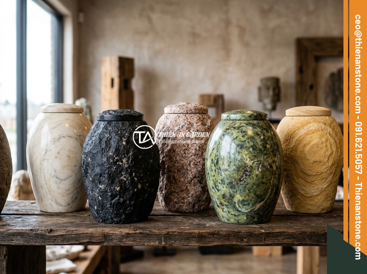 5 ý tưởng thiết kế sáng tạo với chum đá phong thủy cho không gian sống hiện đại - A collection of different natural stone feng shui urns displayed together, showi