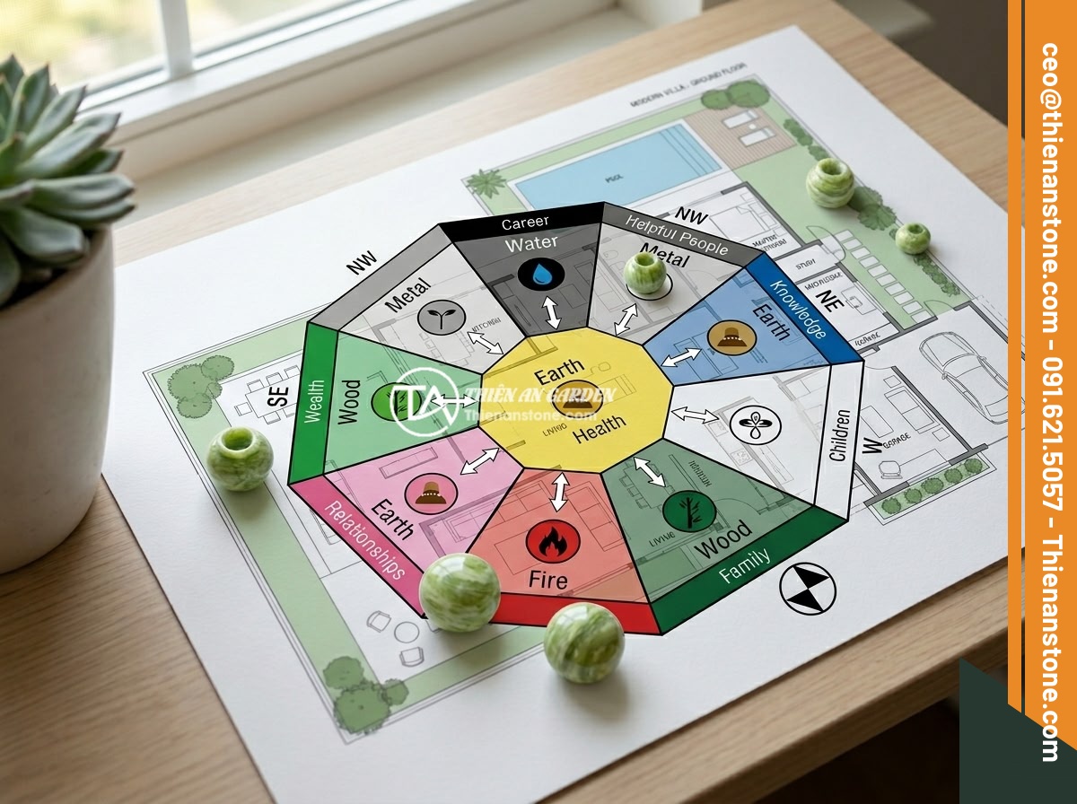 5 ý tưởng thiết kế sáng tạo với chum đá phong thủy cho không gian sống hiện đại - A feng shui diagram overlay on a modern villa floor plan showing optimal placeme