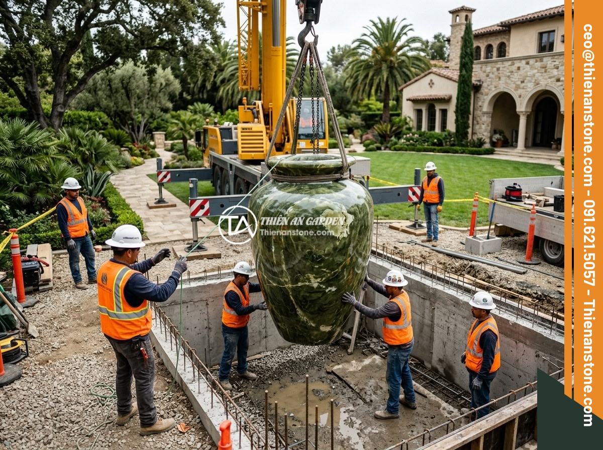 5 ý tưởng thiết kế sáng tạo với chum đá phong thủy cho không gian sống hiện đại - A professional construction team installing a massive natural stone feng shui ur