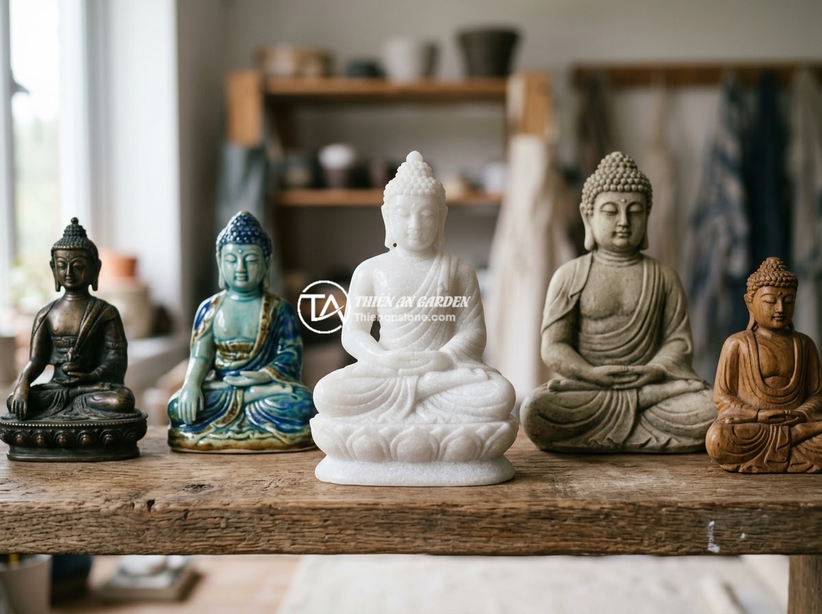 7 Câu Hỏi Thường Gặp Về Tượng Phật Mini Trang Trí Tiểu Cảnh - Various miniature Buddha statues in different materials including natural stone,