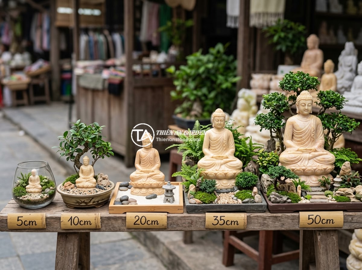 7 Câu Hỏi Thường Gặp Về Tượng Phật Mini Trang Trí Tiểu Cảnh - A comparison showing different sizes of mini Buddha statues from 5cm to 50cm pla