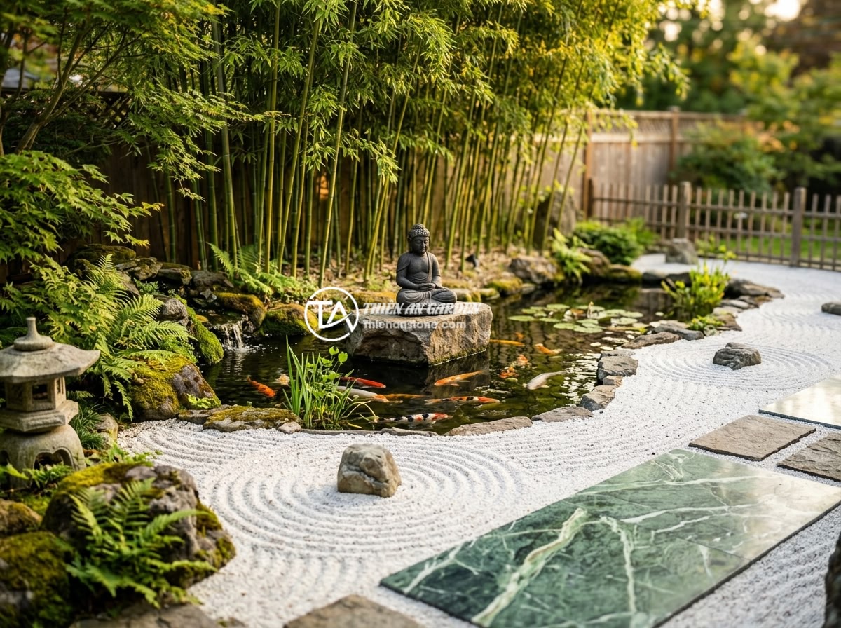 7 Câu Hỏi Thường Gặp Về Tượng Phật Mini Trang Trí Tiểu Cảnh - A beautifully designed zen garden with a mini Buddha statue placed on elevated n