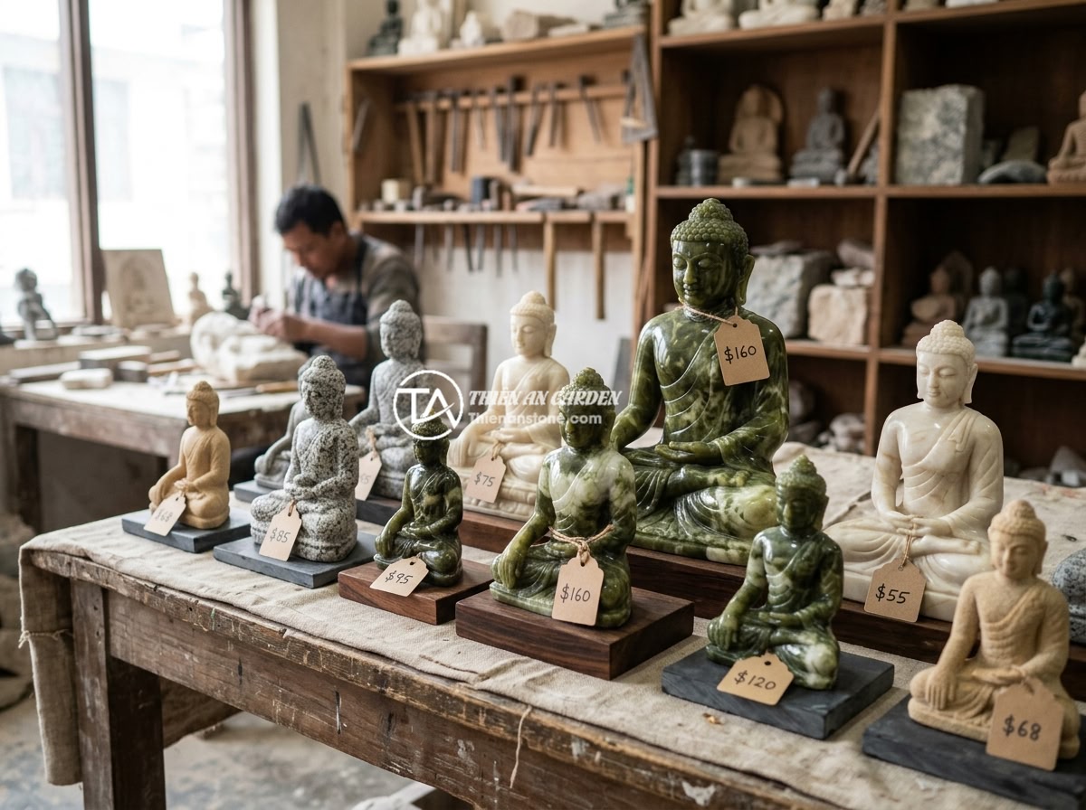 7 Câu Hỏi Thường Gặp Về Tượng Phật Mini Trang Trí Tiểu Cảnh - An elegant display of premium natural stone mini Buddha statues with price tags 