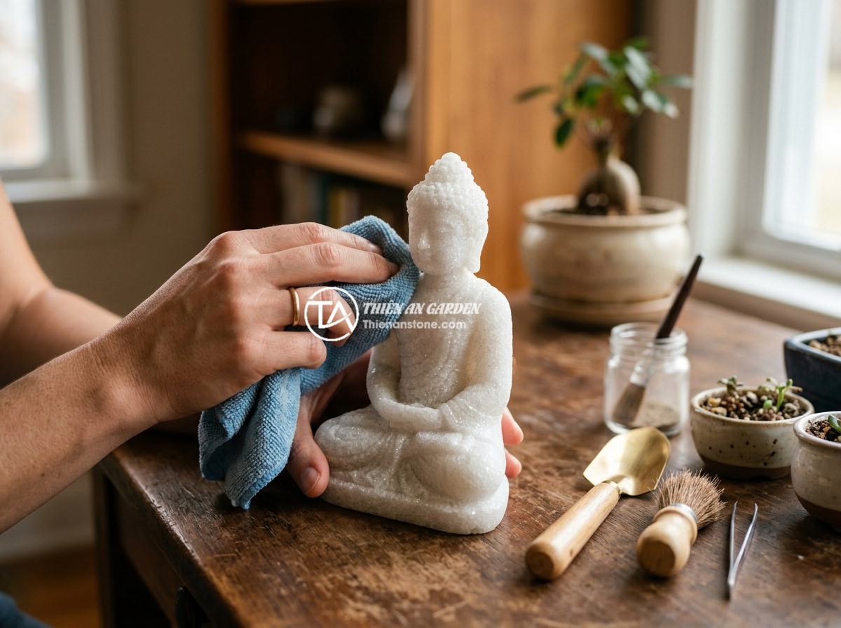 7 Câu Hỏi Thường Gặp Về Tượng Phật Mini Trang Trí Tiểu Cảnh - A person gently cleaning a small stone Buddha statue with a soft cloth, miniatur