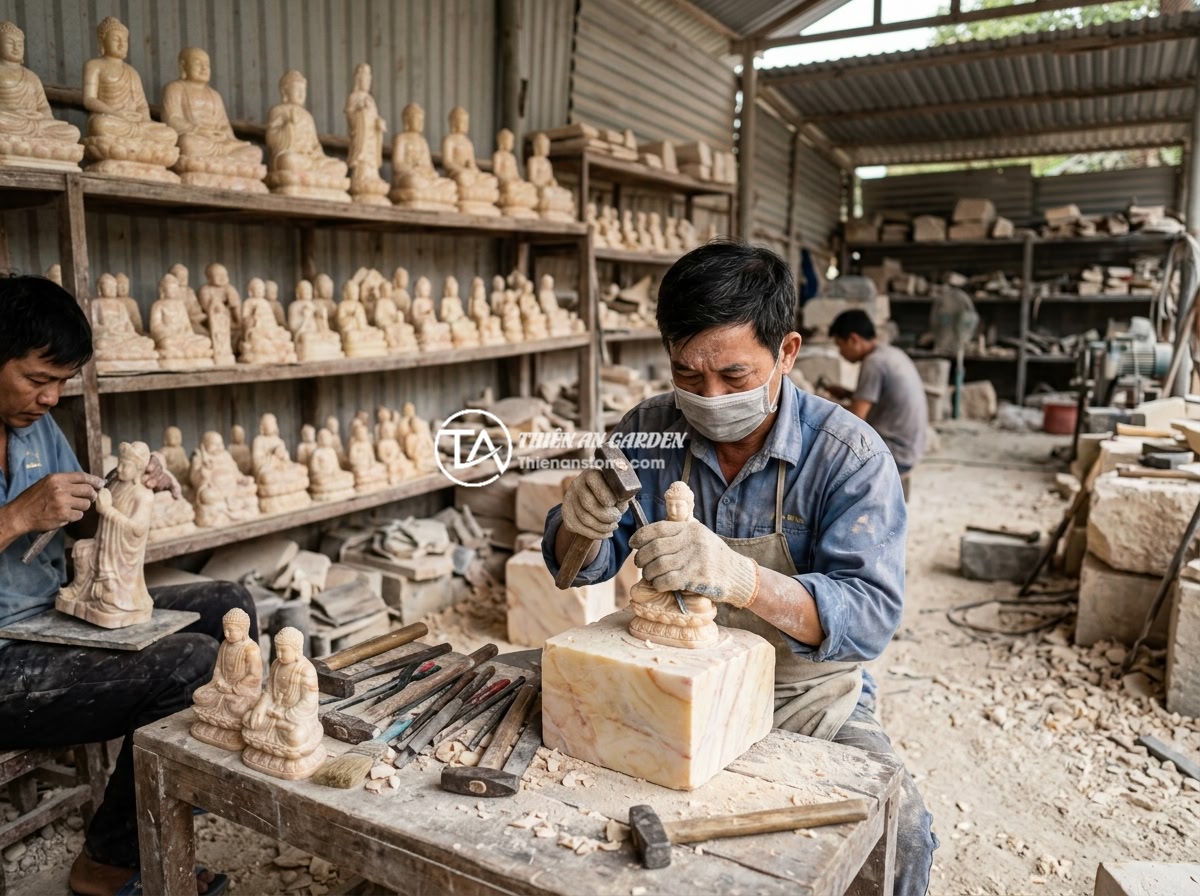 7 Câu Hỏi Thường Gặp Về Tượng Phật Mini Trang Trí Tiểu Cảnh - A professional stone carving workshop with artisans hand-carving mini Buddha sta