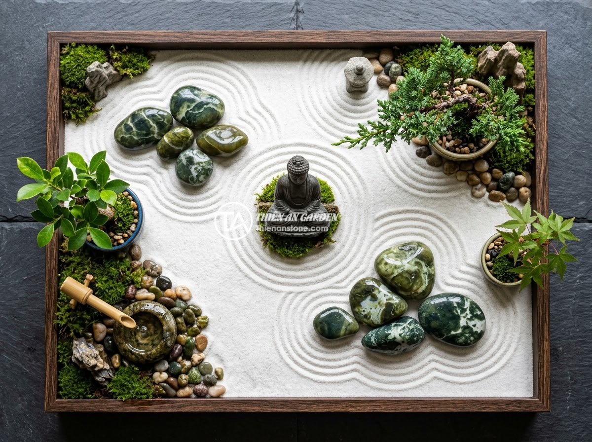 7 Câu Hỏi Thường Gặp Về Tượng Phật Mini Trang Trí Tiểu Cảnh - A stunning overhead view of a complete miniature landscape design featuring a Bu