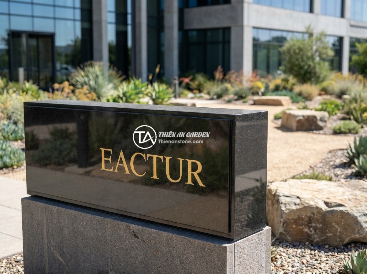 7 kinh nghiệm chọn đá hoa cương làm bảng hiệu công ty bền đẹp và sang trọng - A luxurious granite company signboard with polished black granite surface, golde