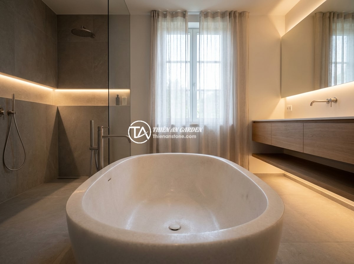 7 Lỗi Thường Gặp Khi Lắp Đặt Bồn Tắm Đá Và Cách Khắc Phục - A luxurious natural stone bathtub made from grey granite installed in a modern b