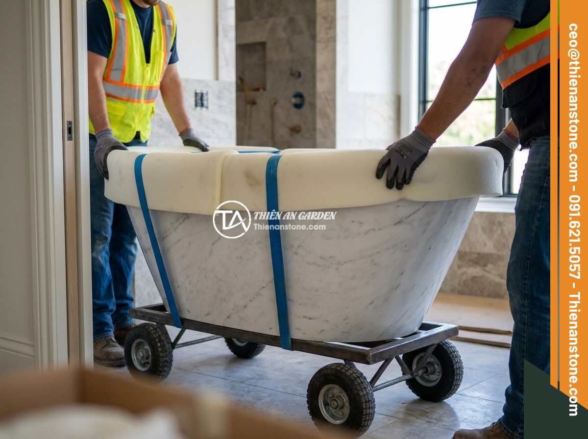7 Lỗi Thường Gặp Khi Lắp Đặt Bồn Tắm Đá Và Cách Khắc Phục - Hình 4 7 Lỗi Thường Gặp Khi Lắp Đặt Bồn Tắm Đá Và Cách Khắc Phục - Workers carefully transporting a large natural marble bathtub wrapped in protect