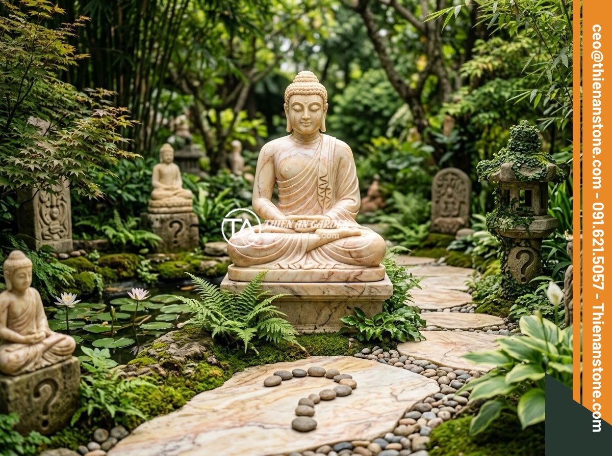Ai Nên Trang Trí Tiểu Cảnh Tượng Phật? Hướng Dẫn Chọn Tiểu Cảnh Đá Tự Nhiên Chi Tiết - Hình 12 Ai Nên Trang Trí Tiểu Cảnh Tượng Phật? Hướng Dẫn Chọn Tiểu Cảnh Đá Tự Nhiên Chi Tiết - A FAQ concept image showing a beautiful natural stone Buddha garden with questio