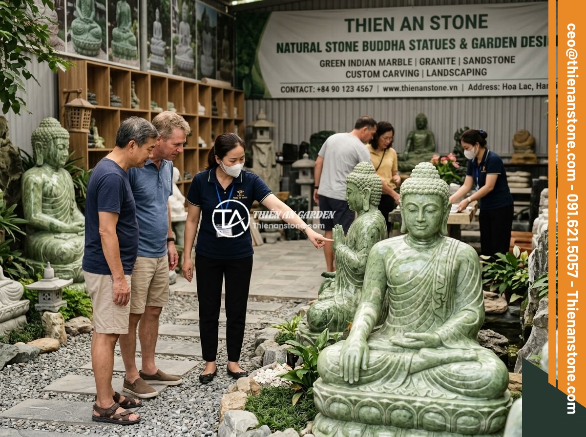 Ai Nên Trang Trí Tiểu Cảnh Tượng Phật? Hướng Dẫn Chọn Tiểu Cảnh Đá Tự Nhiên Chi Tiết - Hình 13 Ai Nên Trang Trí Tiểu Cảnh Tượng Phật? Hướng Dẫn Chọn Tiểu Cảnh Đá Tự Nhiên Chi Tiết - The Thien An Stone company showroom displaying various natural stone Buddha gard