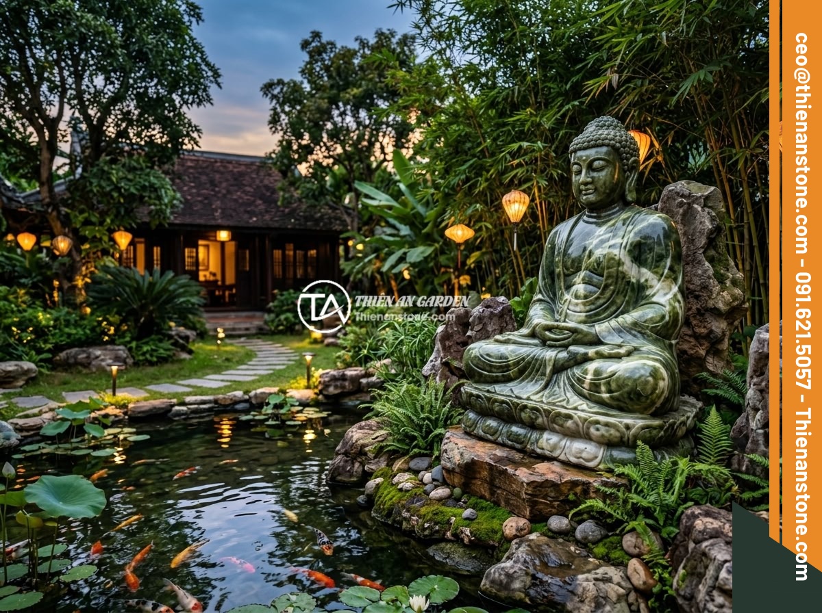Ai Nên Trang Trí Tiểu Cảnh Tượng Phật? Hướng Dẫn Chọn Tiểu Cảnh Đá Tự Nhiên Chi Tiết - Hình 2 Ai Nên Trang Trí Tiểu Cảnh Tượng Phật? Hướng Dẫn Chọn Tiểu Cảnh Đá Tự Nhiên Chi Tiết - A luxurious villa garden in Vietnam featuring a large carved stone Buddha statue