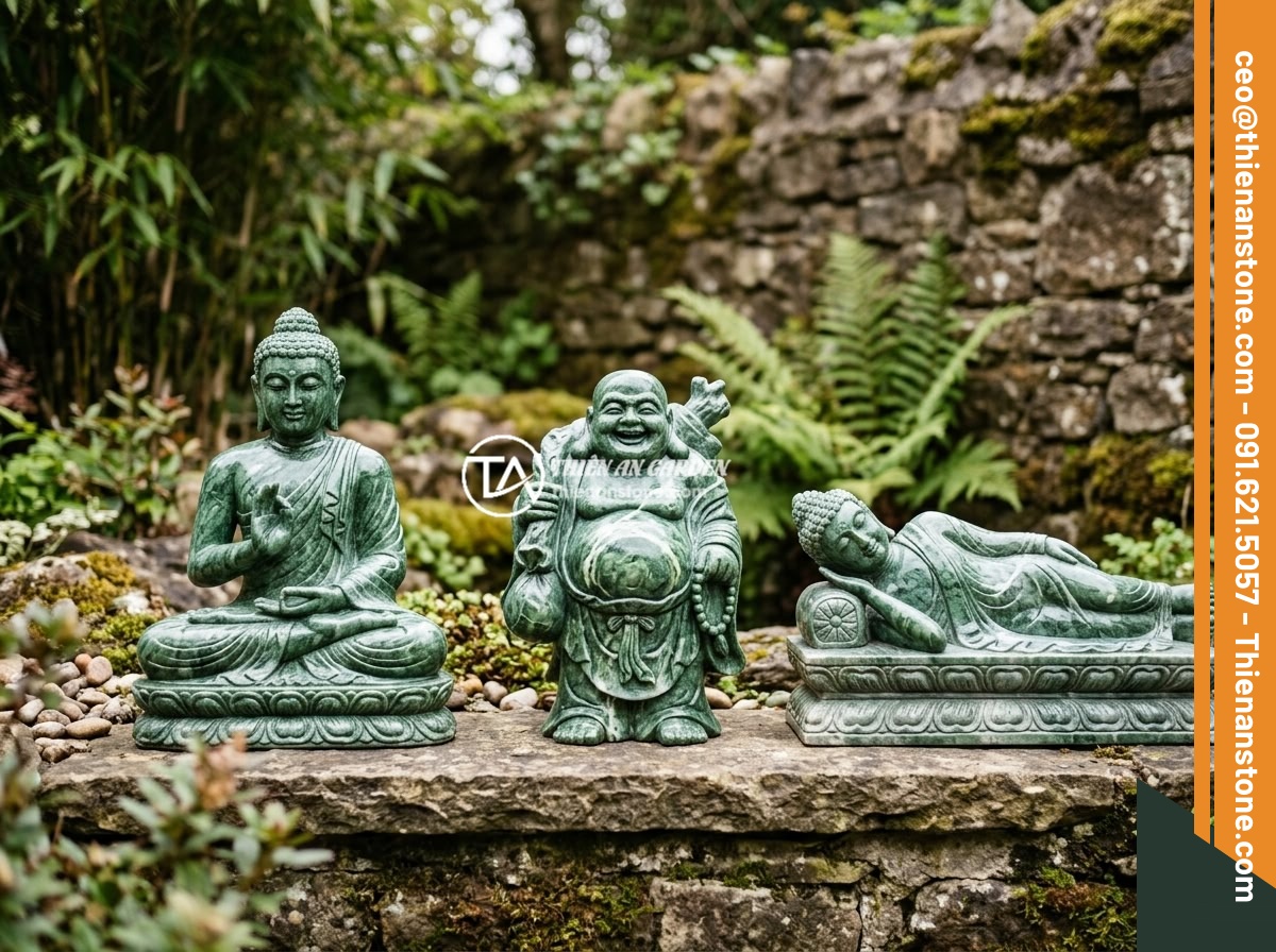 Ai Nên Trang Trí Tiểu Cảnh Tượng Phật? Hướng Dẫn Chọn Tiểu Cảnh Đá Tự Nhiên Chi Tiết - Hình 5 Ai Nên Trang Trí Tiểu Cảnh Tượng Phật? Hướng Dẫn Chọn Tiểu Cảnh Đá Tự Nhiên Chi Tiết - Different styles of natural stone Buddha statues side by side - meditating Buddh