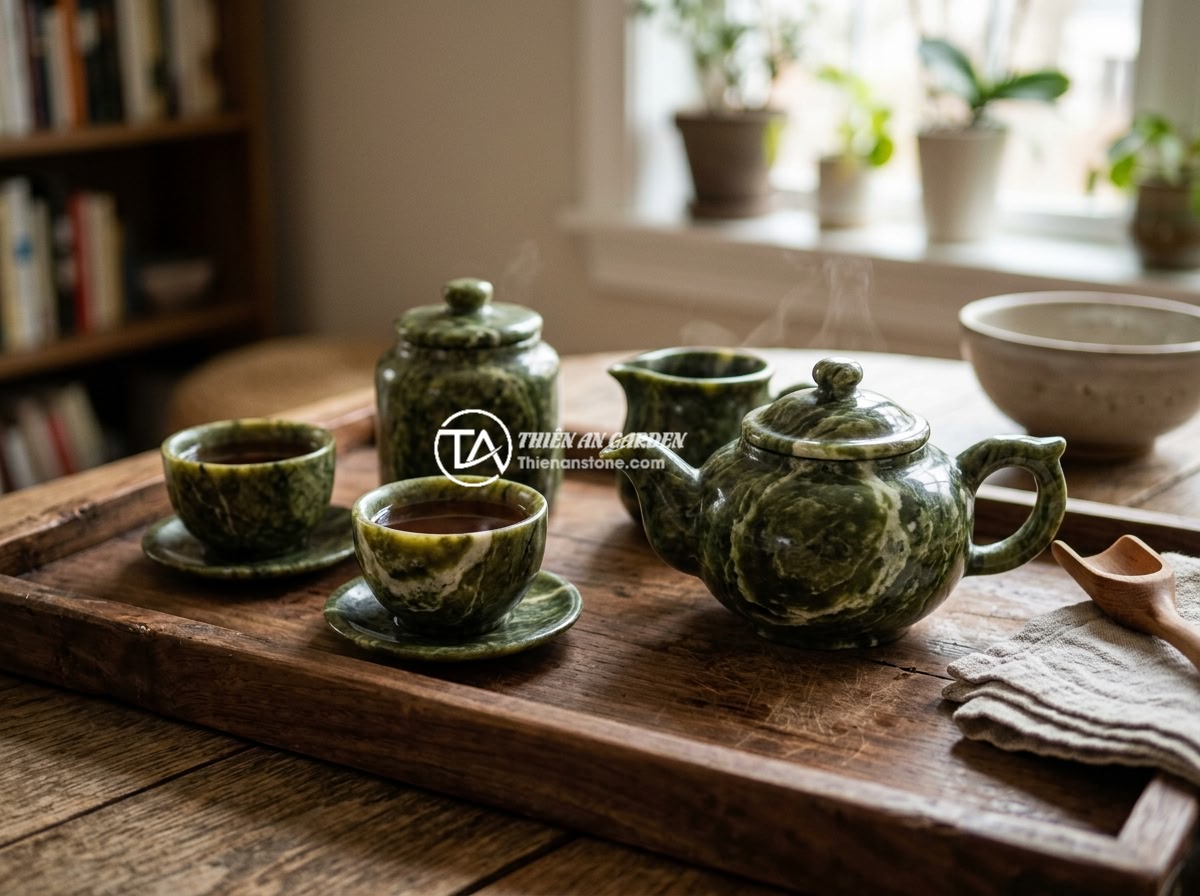 Ấm chén đá bị nứt: Nguyên nhân phổ biến và cách xử lý hiệu quả - A beautifully crafted natural stone tea set placed on a wooden tea tray, showing