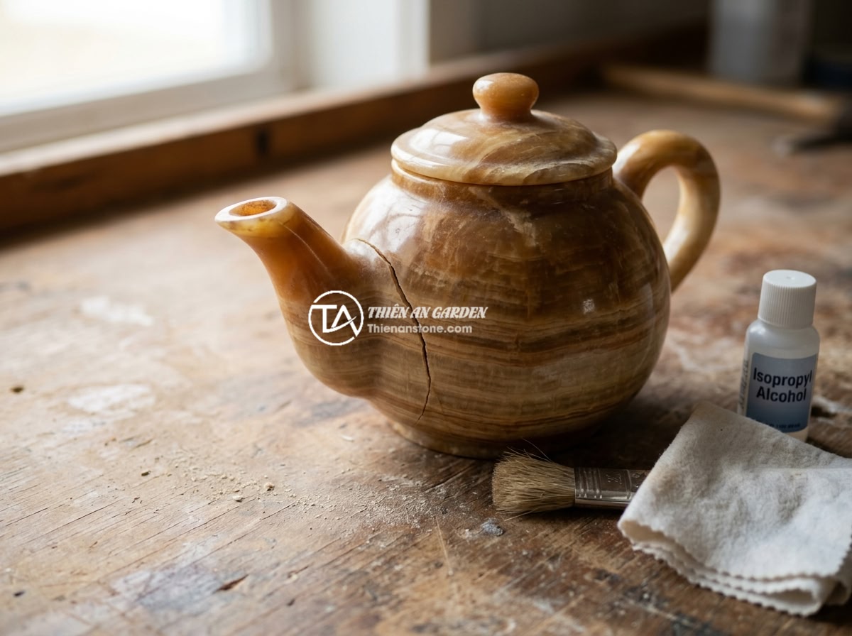 Ấm chén đá bị nứt: Nguyên nhân phổ biến và cách xử lý hiệu quả - Hình 4 Ấm chén đá bị nứt: Nguyên nhân phổ biến và cách xử lý hiệu quả - Step-by-step process of repairing a cracked stone teapot with epoxy adhesive, sh