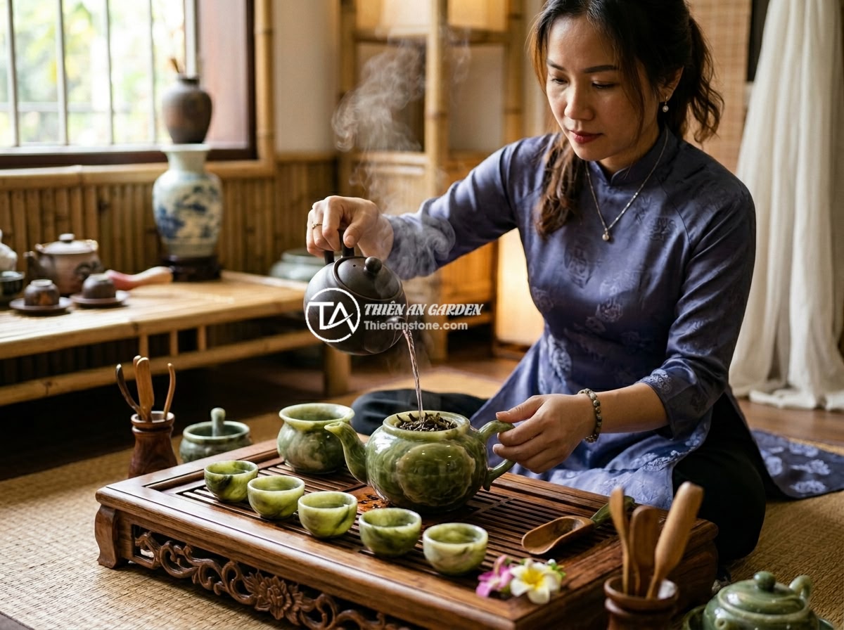 Ấm chén đá bị nứt: Nguyên nhân phổ biến và cách xử lý hiệu quả - Hình 9 Ấm chén đá bị nứt: Nguyên nhân phổ biến và cách xử lý hiệu quả - A traditional Vietnamese tea ceremony using natural stone tea set on an elegant