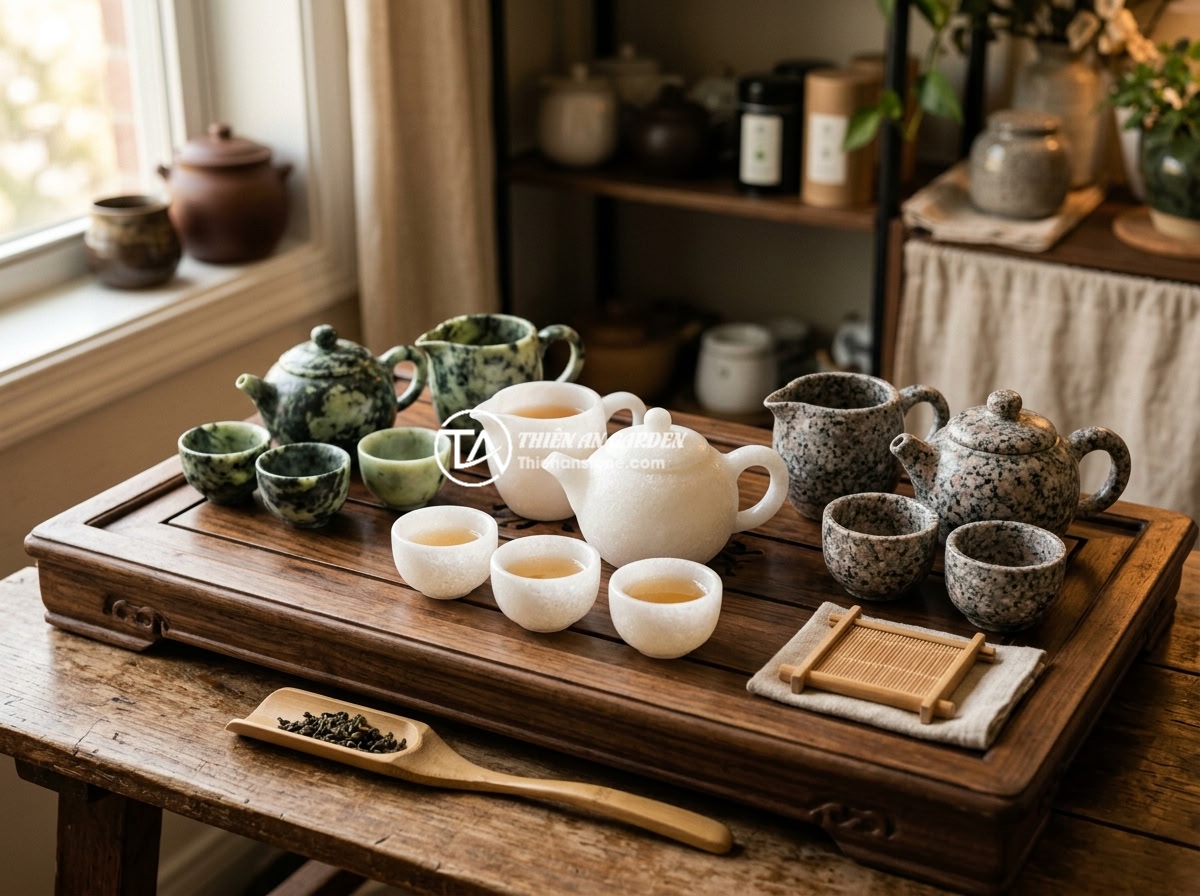 Ấm chén đá tự nhiên giữ nhiệt có tốt không? Đánh giá từ thực tế sử dụng - Hình 1 Ấm chén đá tự nhiên giữ nhiệt có tốt không? Đánh giá từ thực tế sử dụng - A collection of natural stone tea sets made from different types of stone includ