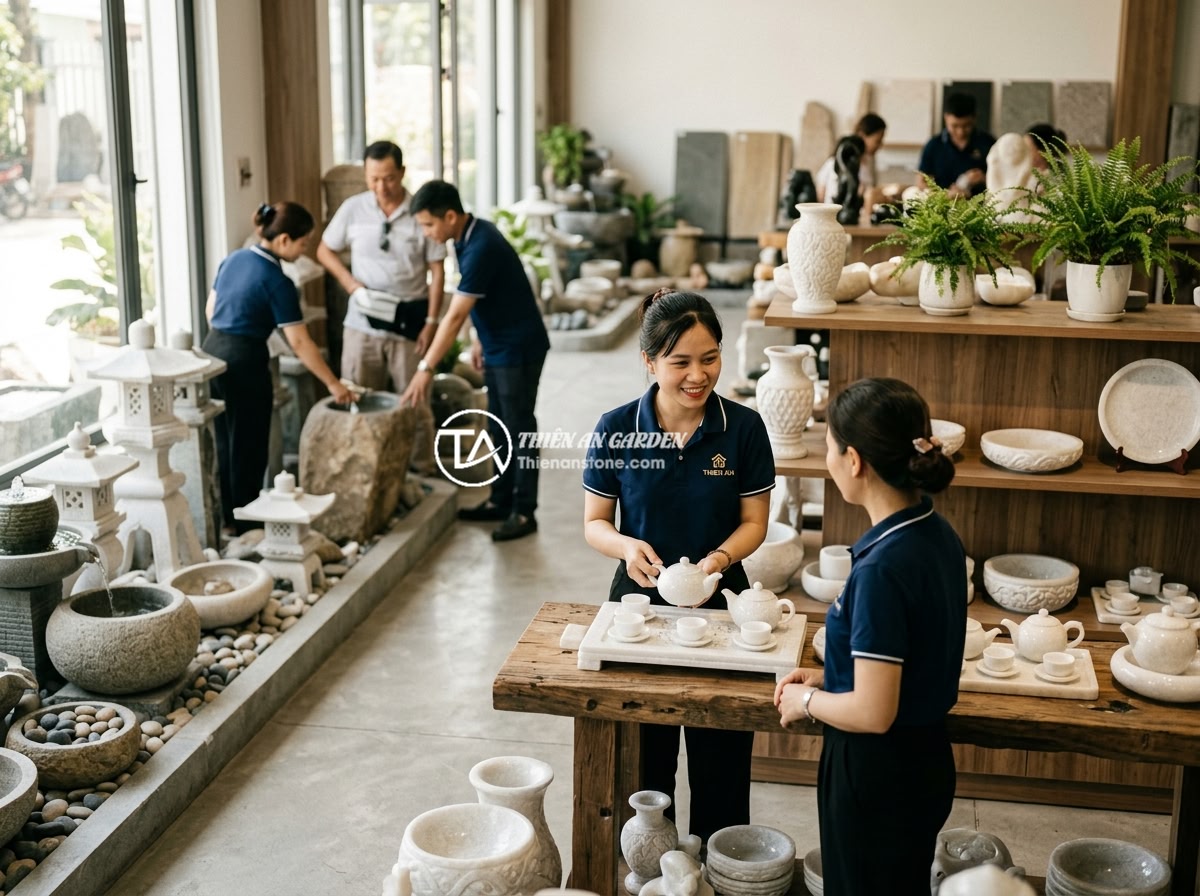 Ấm chén đá tự nhiên giữ nhiệt có tốt không? Đánh giá từ thực tế sử dụng - Hình 13 Ấm chén đá tự nhiên giữ nhiệt có tốt không? Đánh giá từ thực tế sử dụng - A welcoming showroom of Thien An Stone Company displaying various natural stone