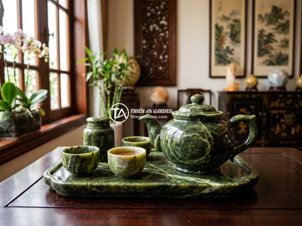 Ấm chén đá tự nhiên giữ nhiệt có tốt không? Đánh giá từ thực tế sử dụng - Hình 4 Ấm chén đá tự nhiên giữ nhiệt có tốt không? Đánh giá từ thực tế sử dụng - An elegant natural stone tea set displayed in a luxury living room setting with