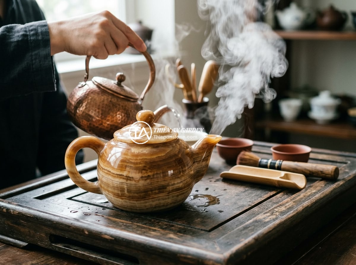 Ấm chén đá tự nhiên giữ nhiệt có tốt không? Đánh giá từ thực tế sử dụng - Hình 7 Ấm chén đá tự nhiên giữ nhiệt có tốt không? Đánh giá từ thực tế sử dụng - Step by step demonstration of warming a natural stone teapot with hot water, sho