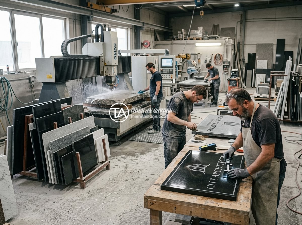 Bảng hiệu đá bazan và granite: Đặc điểm và ứng dụng trong làm biển hiệu công ty - Hình 10 Bảng hiệu đá bazan và granite: Đặc điểm và ứng dụng trong làm biển hiệu công ty - Professional stone signage workshop showing CNC machines, polished granite slabs