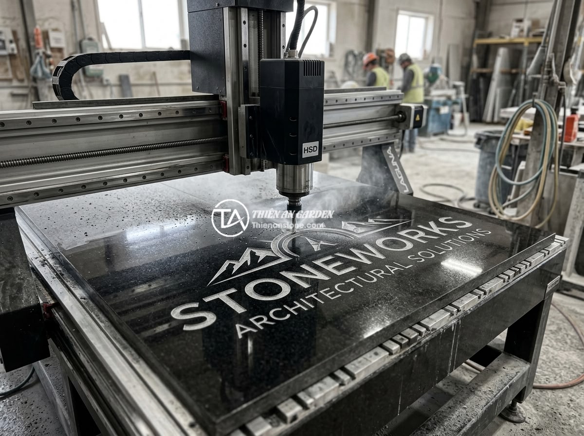 Bảng hiệu đá bazan và granite: Đặc điểm và ứng dụng trong làm biển hiệu công ty - Hình 5 Bảng hiệu đá bazan và granite: Đặc điểm và ứng dụng trong làm biển hiệu công ty - Professional CNC machine engraving detailed company name and logo onto a large p