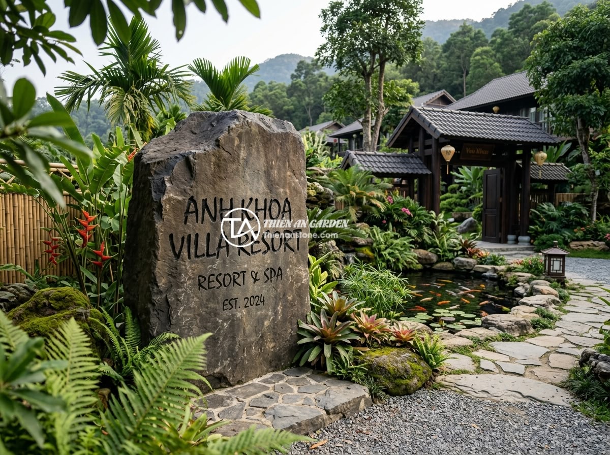 Bảng hiệu đá bazan và granite: Đặc điểm và ứng dụng trong làm biển hiệu công ty - Hình 7 Bảng hiệu đá bazan và granite: Đặc điểm và ứng dụng trong làm biển hiệu công ty - Large natural basalt stone monolith sign at the entrance of a luxury Vietnamese