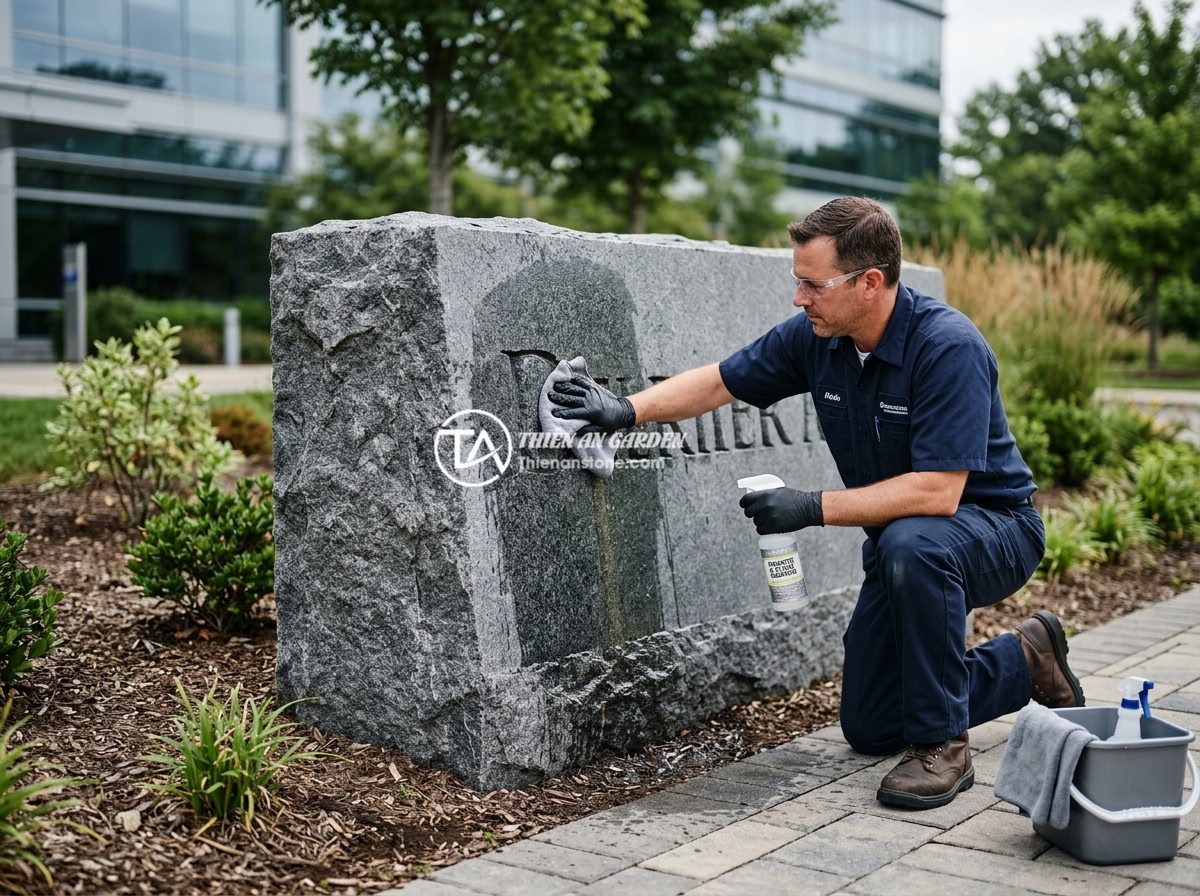Bảng hiệu đá bazan và granite: Đặc điểm và ứng dụng trong làm biển hiệu công ty - Hình 9 Bảng hiệu đá bazan và granite: Đặc điểm và ứng dụng trong làm biển hiệu công ty - Professional worker cleaning and maintaining a large granite company signboard u