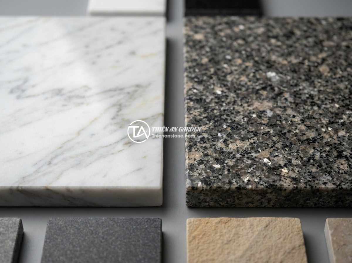 Bảng hiệu đá cẩm thạch hay đá hoa cương tốt hơn cho bảng hiệu ngoài trời? - Close-up comparison of natural marble stone and granite stone side by side, show