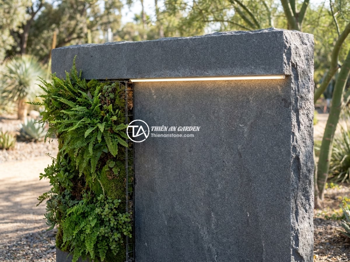 Bảng hiệu đá cẩm thạch hay đá hoa cương tốt hơn cho bảng hiệu ngoài trời? - Modern eco-friendly stone signage design combining natural granite with integrat