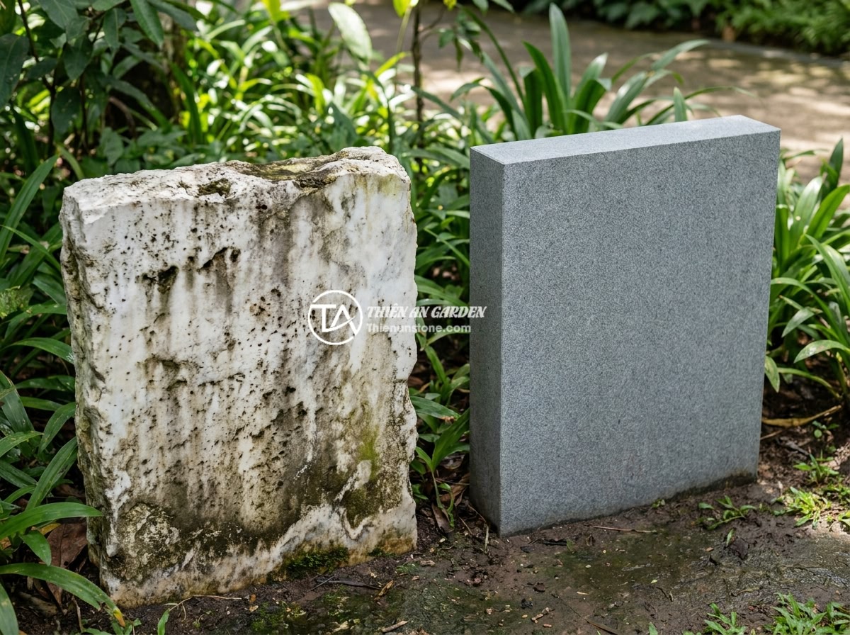 Bảng hiệu đá cẩm thạch hay đá hoa cương tốt hơn cho bảng hiệu ngoài trời? - Weathered marble outdoor signage showing surface erosion and discoloration after