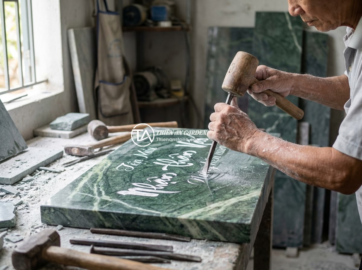 Bảng hiệu đá cẩm thạch hay đá hoa cương tốt hơn cho bảng hiệu ngoài trời? - A skilled artisan hand-carving intricate Vietnamese calligraphy letters into a l