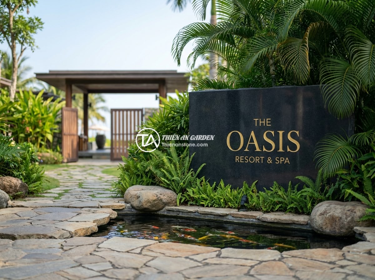 Bảng hiệu đá cẩm thạch hay đá hoa cương tốt hơn cho bảng hiệu ngoài trời? - A modern luxury resort entrance featuring a large polished black granite signage