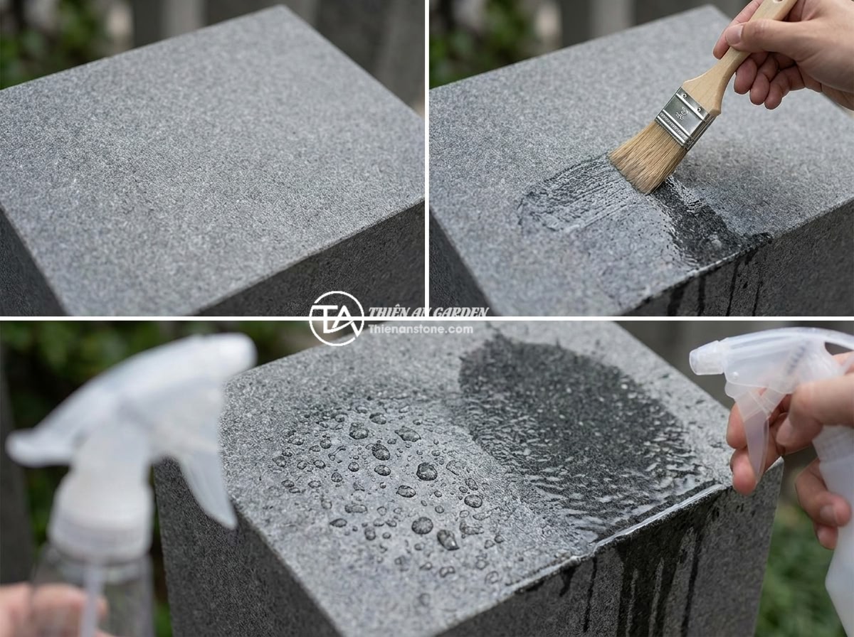 Bảng hiệu đá cẩm thạch hay đá hoa cương tốt hơn cho bảng hiệu ngoài trời? - Step-by-step process of applying waterproof sealant coating on a granite outdoor