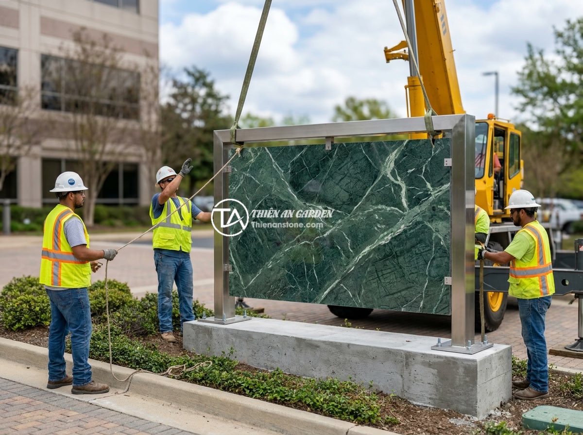 Bảng hiệu đá cẩm thạch hay đá hoa cương tốt hơn cho bảng hiệu ngoài trời? - Professional construction team installing a large natural stone signage at a com