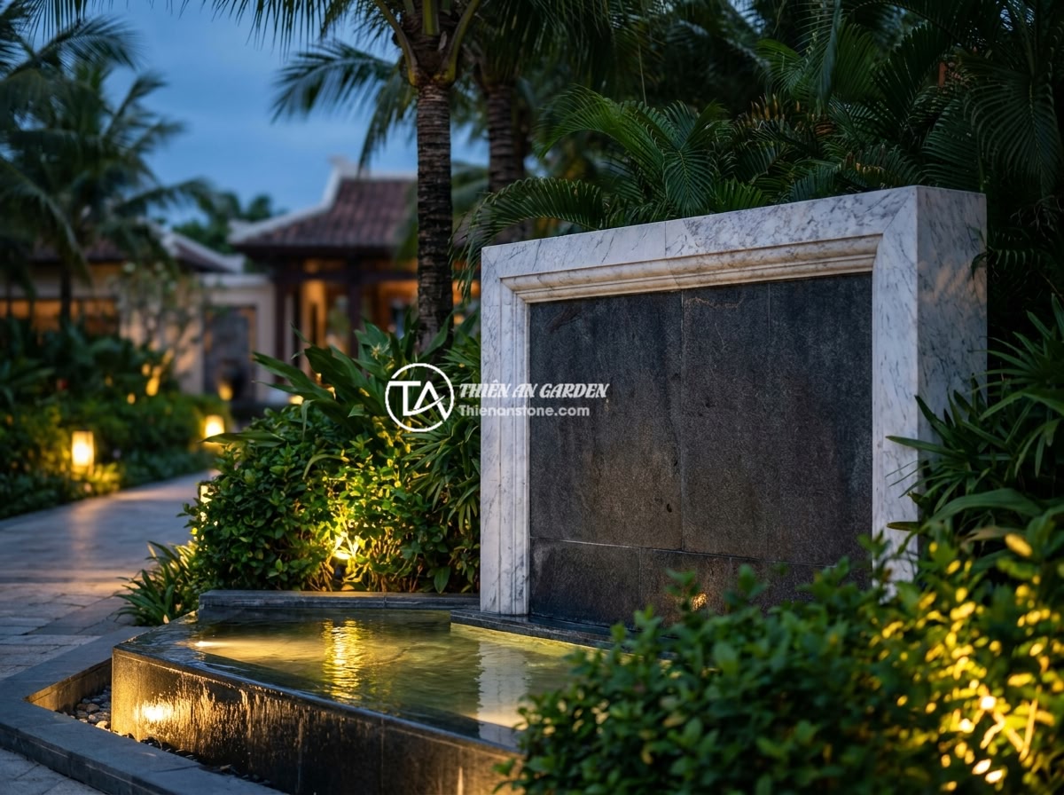 Bảng hiệu đá cẩm thạch hay đá hoa cương tốt hơn cho bảng hiệu ngoài trời? - Luxurious five-star resort entrance in Vietnam with a magnificent natural stone 