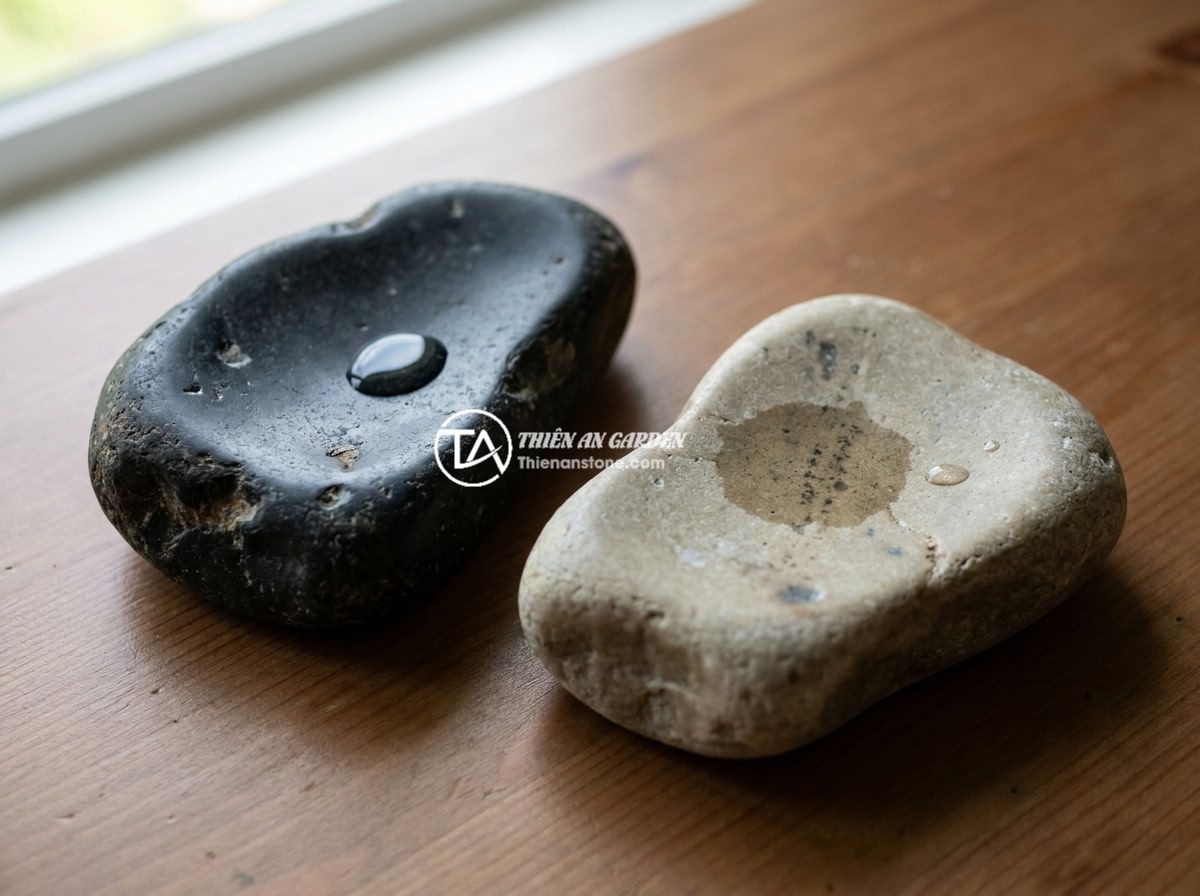 Bảng hiệu đá hoa cương có thấm nước không? Cách chống thấm và bảo vệ bề mặt đá hiệu quả - Comparison of water absorption test on different granite stone samples showing d