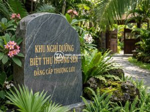Bảng hiệu đá hoa cương giá bao nhiêu? Báo giá chi tiết và các yếu tố ảnh hưởng 2026 - A luxurious granite stone signboard installed at the entrance of a Vietnamese vi