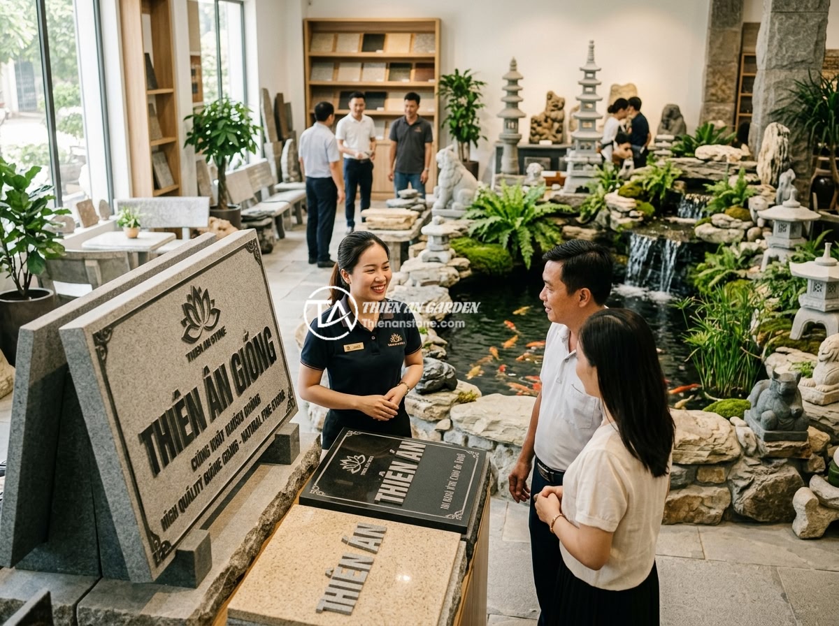 Bảng hiệu đá hoa cương khắc chữ nổi 3D: Ưu điểm và mẫu thiết kế đẹp mắt - Hình 13 Bảng hiệu đá hoa cương khắc chữ nổi 3D: Ưu điểm và mẫu thiết kế đẹp mắt - Professional showroom of Thien An Stone company displaying various completed gra