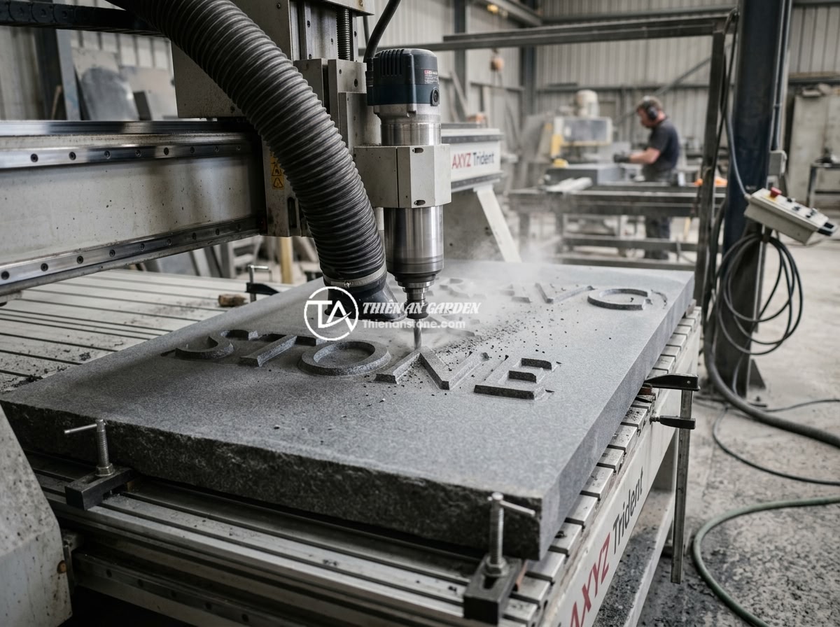 Bảng hiệu đá hoa cương khắc chữ nổi 3D: Ưu điểm và mẫu thiết kế đẹp mắt - Hình 4 Bảng hiệu đá hoa cương khắc chữ nổi 3D: Ưu điểm và mẫu thiết kế đẹp mắt - Detailed process of CNC machine carving 3D raised letters on a large granite sto