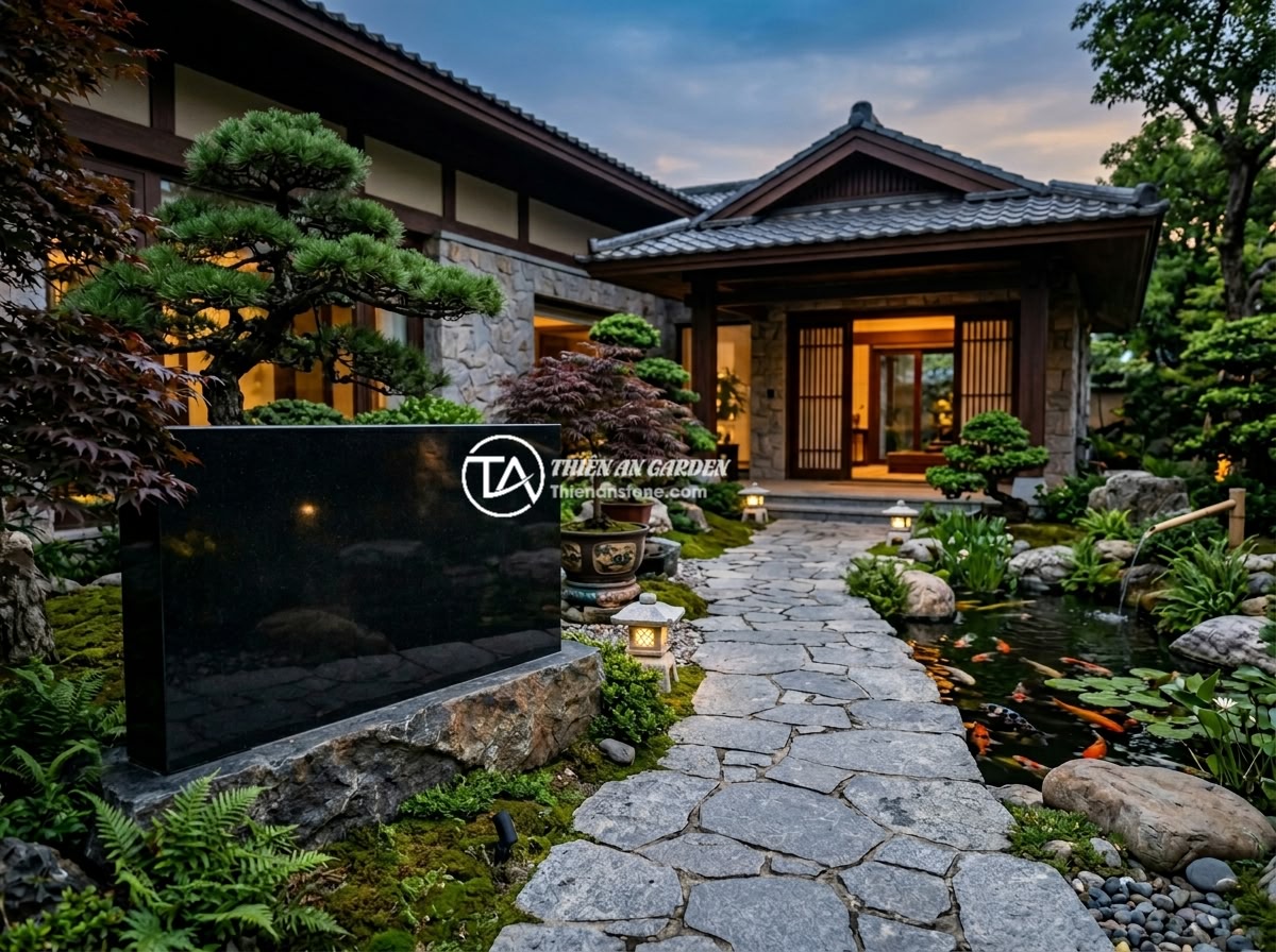 Bảng hiệu đá hoa cương khắc chữ nổi 3D: Ưu điểm và mẫu thiết kế đẹp mắt - Hình 9 Bảng hiệu đá hoa cương khắc chữ nổi 3D: Ưu điểm và mẫu thiết kế đẹp mắt - Beautiful entrance of a luxury villa featuring a large polished black granite si