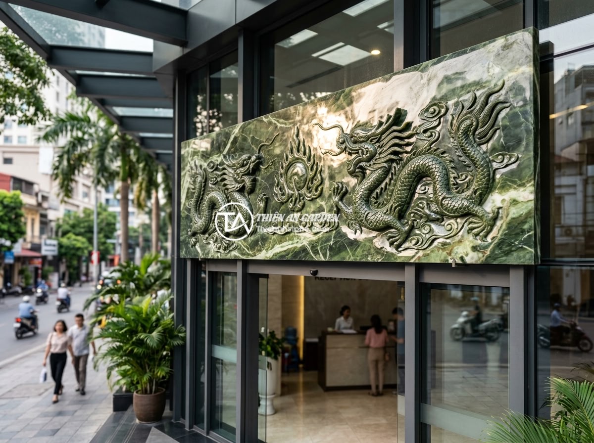 Bảng hiệu đá phong thủy cho công ty: Những mẫu được ưa chuộng nhất năm 2026 - A luxurious natural stone company sign with feng shui dragon carvings mounted on