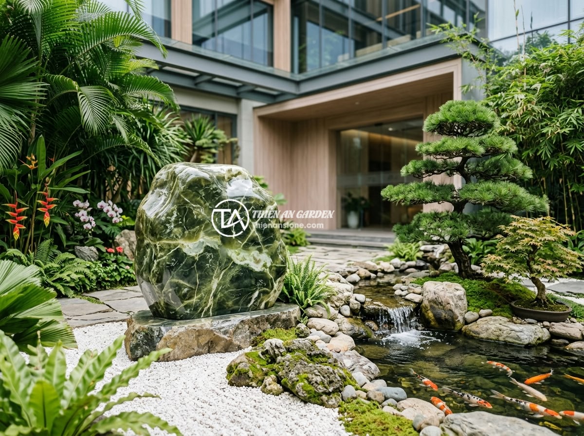Bảng hiệu đá phong thủy cho công ty: Những mẫu được ưa chuộng nhất năm 2026 - A stunning eco-integrated company stone sign surrounded by a Japanese zen garden
