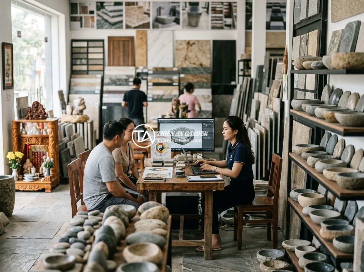 Bảng hiệu đá phong thủy cho công ty: Những mẫu được ưa chuộng nhất năm 2026 - The Thien An Stone showroom displaying various natural stone company signs, prof