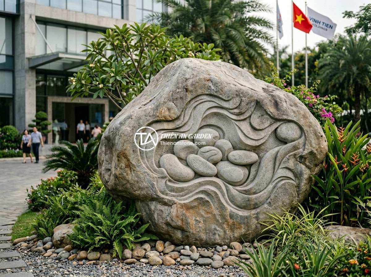 Bảng hiệu đá phong thủy cho công ty: Những mẫu được ưa chuộng nhất năm 2026 - A massive natural boulder stone sign with carved company name in raised relief l