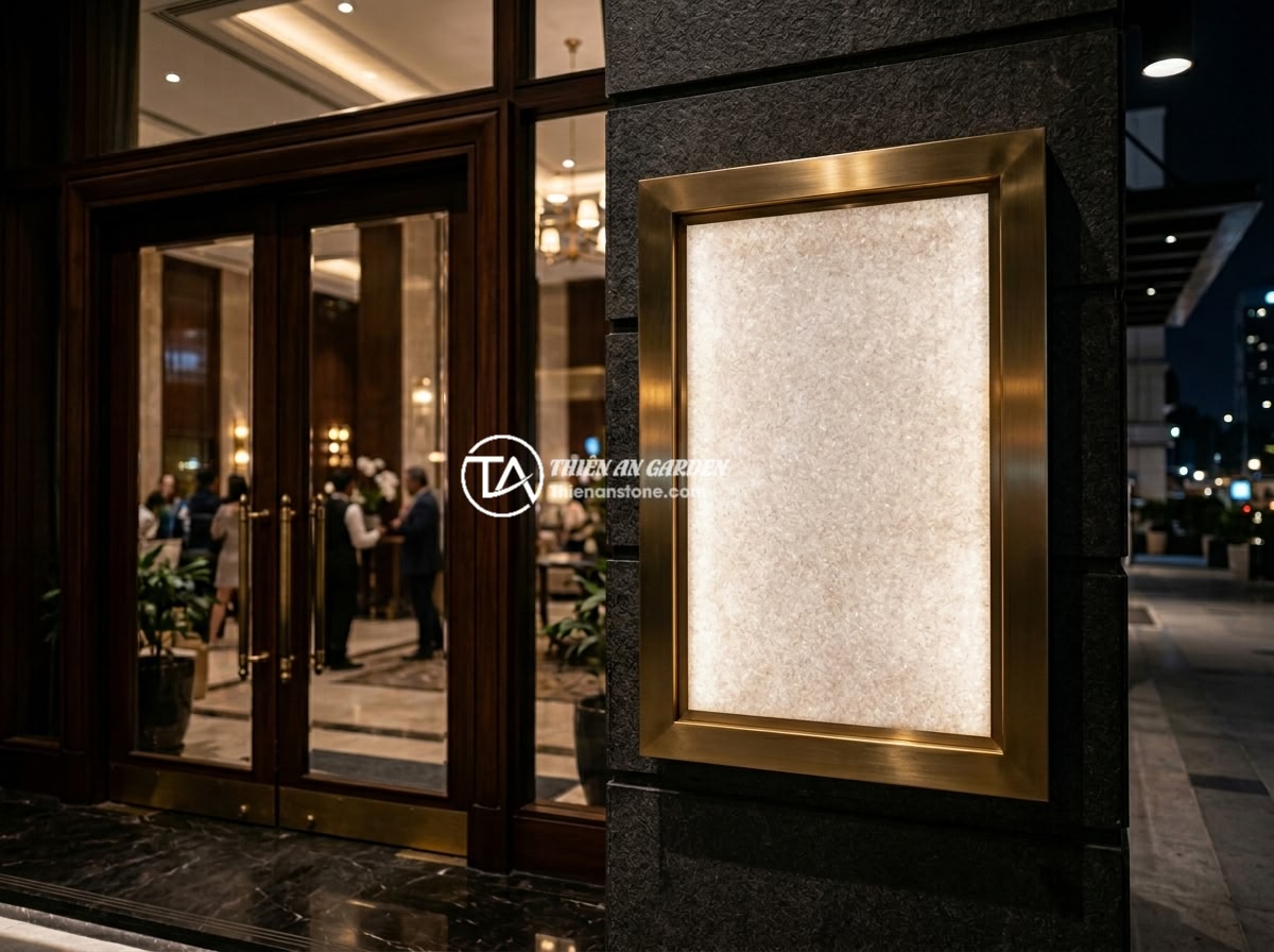 Bảng hiệu đá phong thủy cho công ty: Những mẫu được ưa chuộng nhất năm 2026 - A stunning backlit onyx stone company sign with golden inox frame, glowing warm 