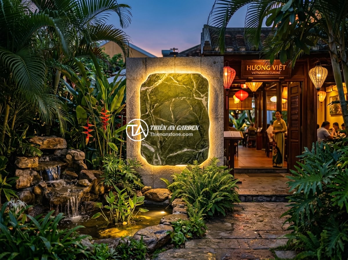 Bảng hiệu đá phong thủy cho công ty: Những mẫu được ưa chuộng nhất năm 2026 - A beautiful red granite restaurant sign with warm LED backlighting at dusk, trop